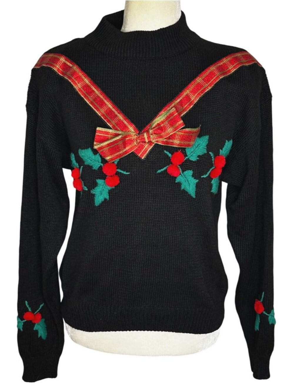 Vintage 80s French Navy Petite Christmas Sweater Holly Embroidered Black 10/12